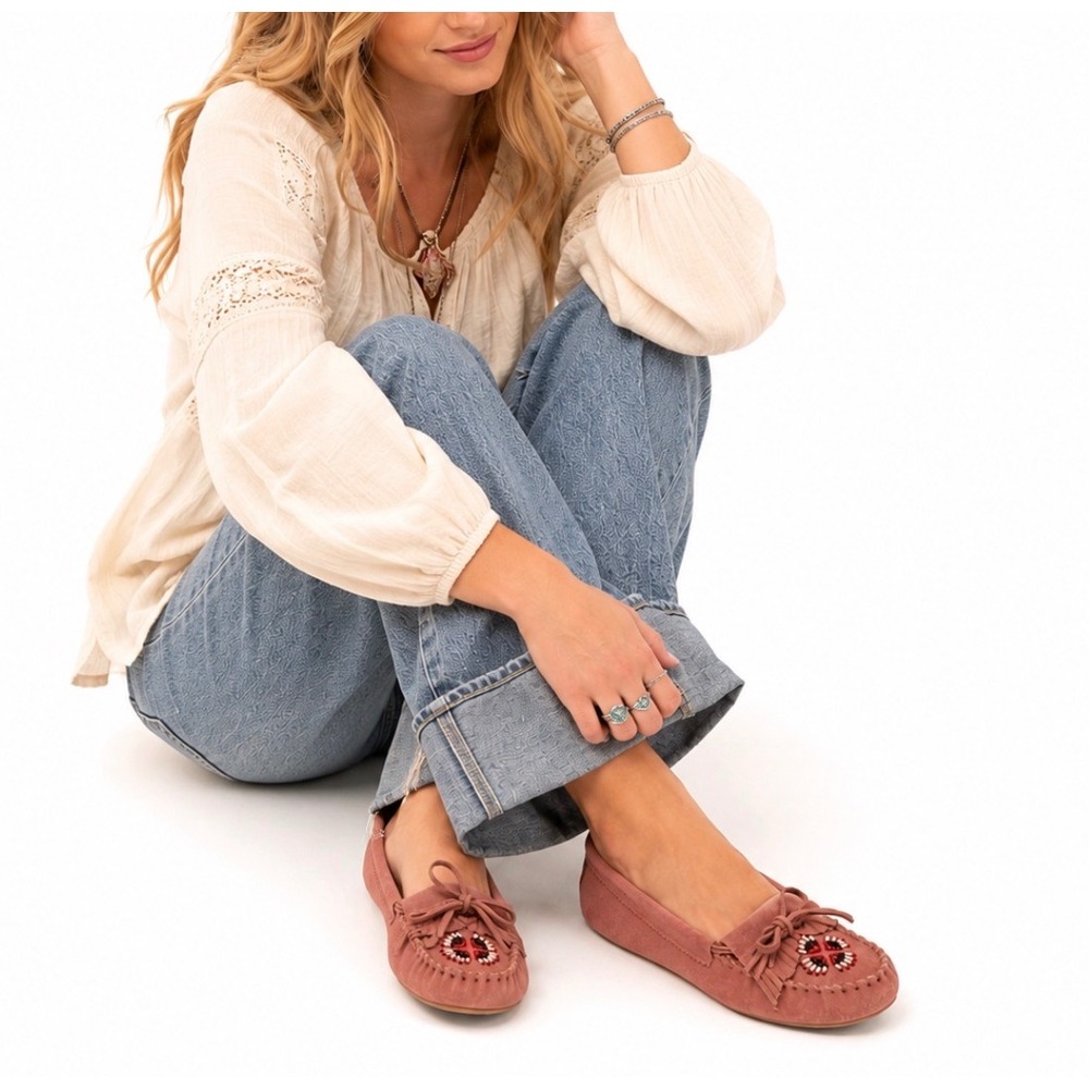 VTG Y2K Rampage Pink Suede Beaded Moccasin Flats Boho Western 8.5 RARE EUC